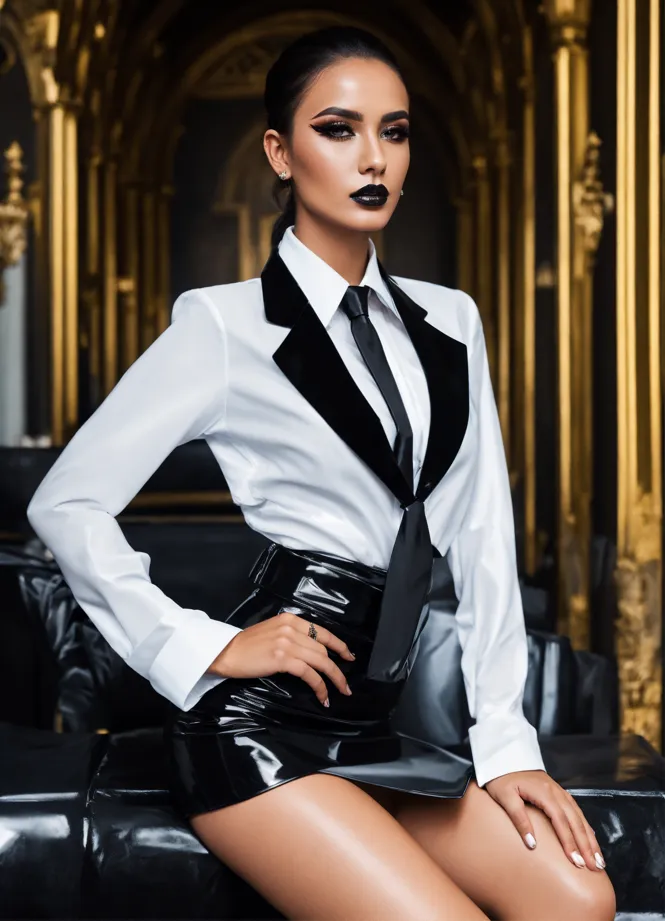 Lexica - Stunning arab seductress woman fashion model, black straight high  ponytail, black pvc corset an pvc pants, white office shirt and black ne