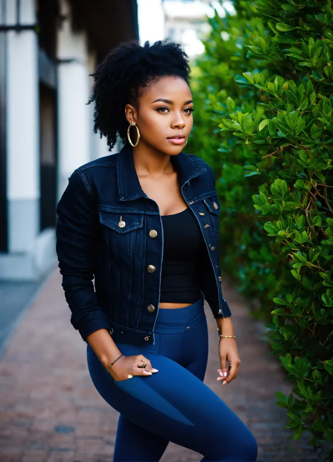 Lexica wearing black leggings jean jacket