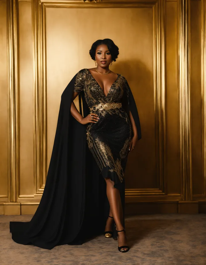 Lexica dressed in black gown with gold cape