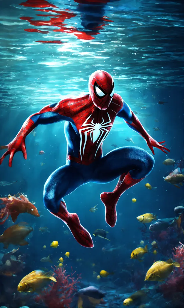 Lexica - Spiderman swimming with fish underwater in the ocean, nature  background, 2D render