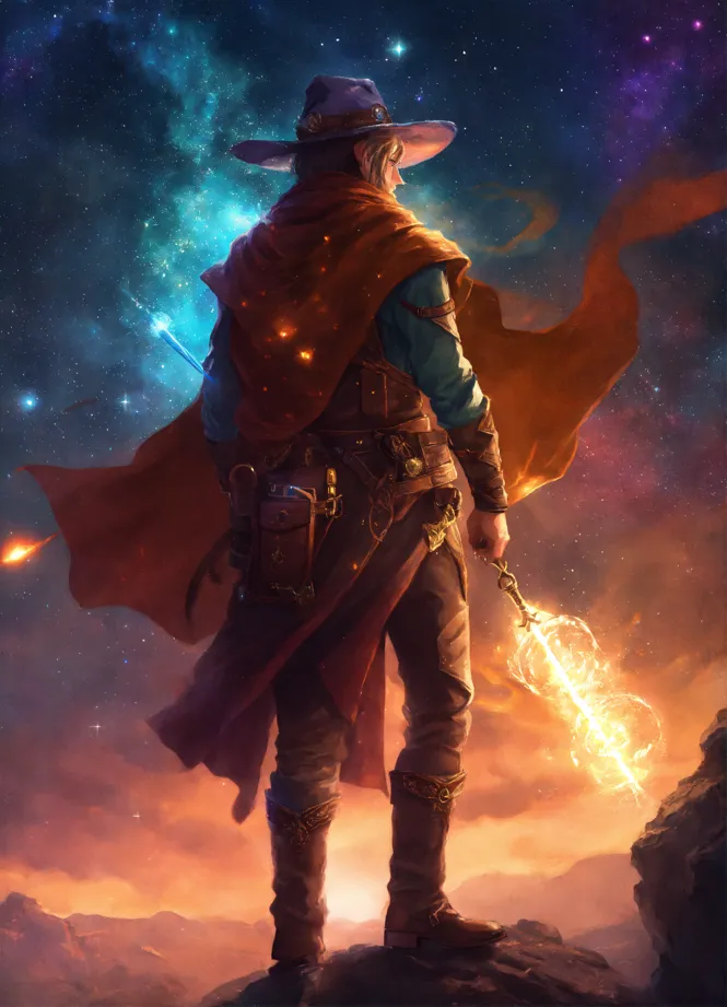 Lexica - a cowboy wearing a full - body iridescent suit and cowboy hat  inside a scenic western landscape with colorful clouds