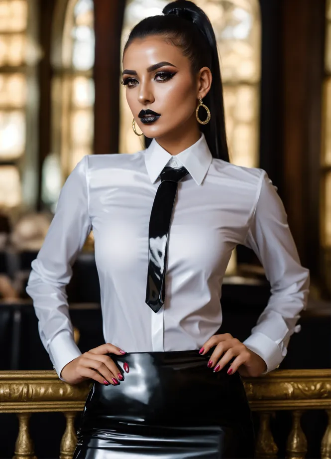 Lexica - Stunning arab seductress woman fashion model, black straight high  ponytail, black pvc corset an pvc pants, white office shirt and black ne