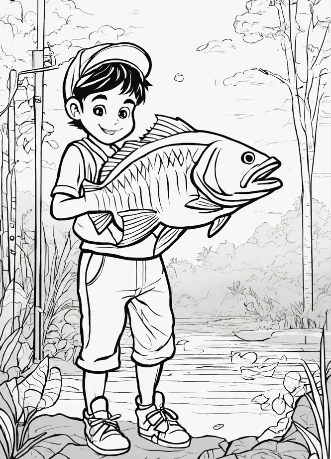 Boy Catches a Fish coloring page