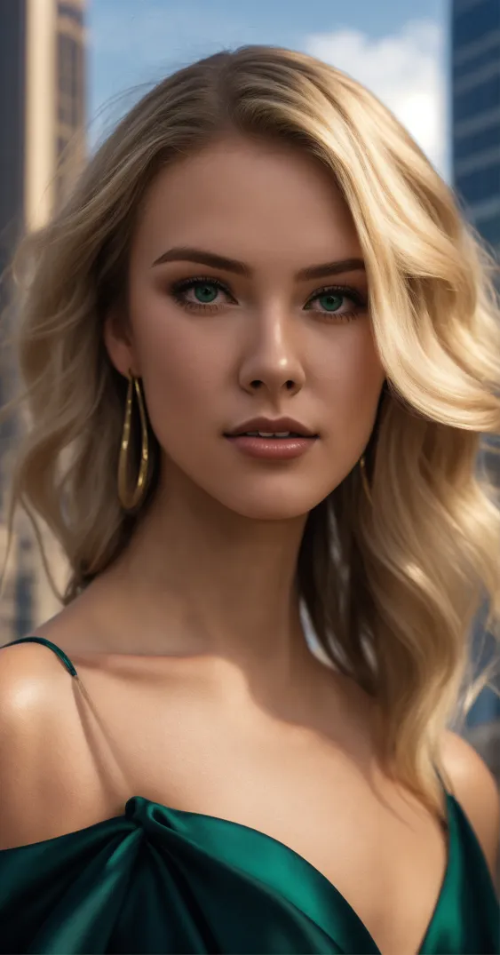 Lexica - thin blonde of medium height with short wavy hair wearing an  emerald green dress in a design