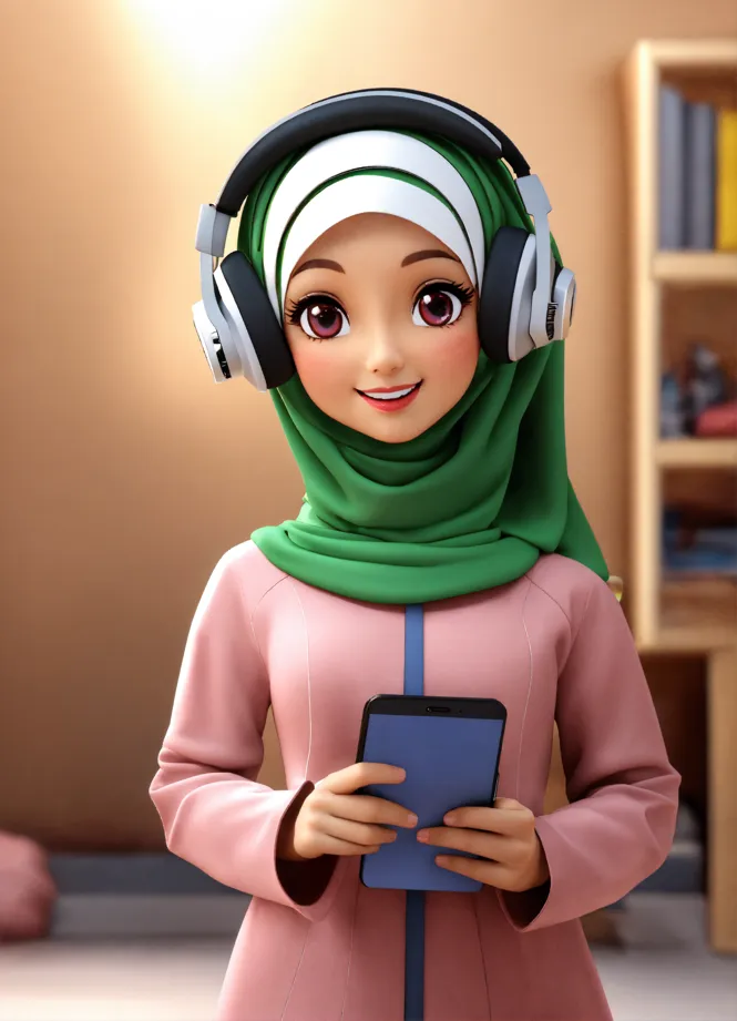 Female profile wearing headset illustration, Chibi Anime Hijab