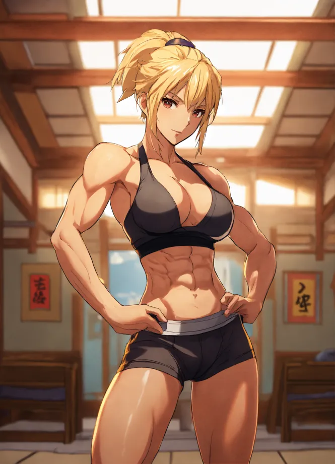 Lexica - large anime cartoon chest demon blonde woman with large waist in yoga  pants:: ::bikini:: :: large