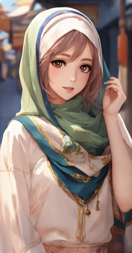 Pretty woman wear hijab, hero, smile, anime version