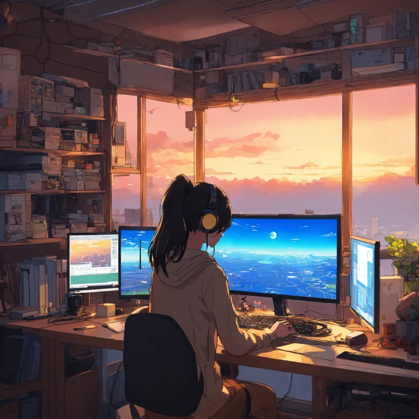 Lexica - create a high resolution artwork of anime girl is programming at a  computer in a room full of gadgets