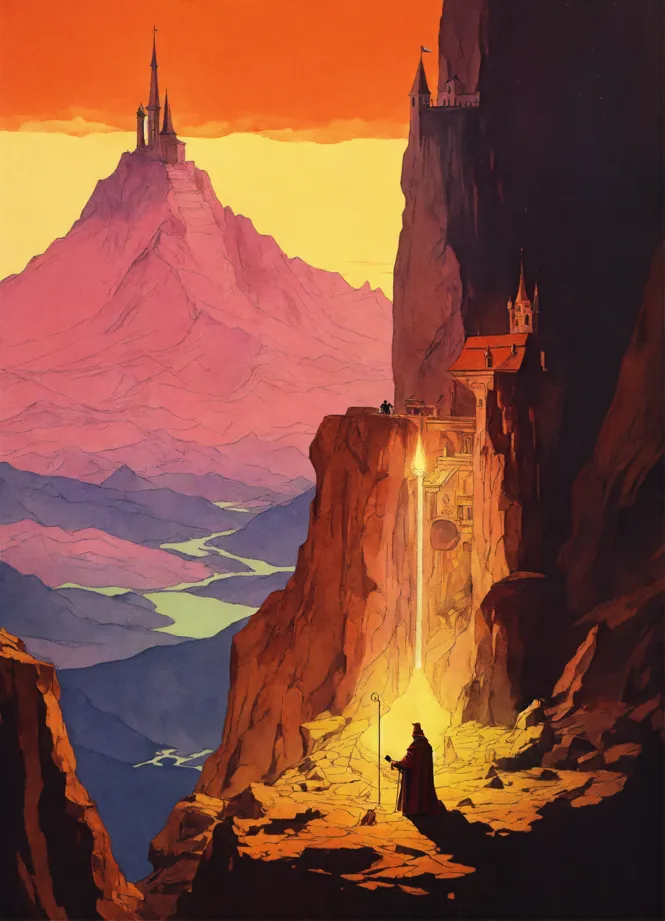 minas tirith, mountains, art deco, sense of awe, eerie