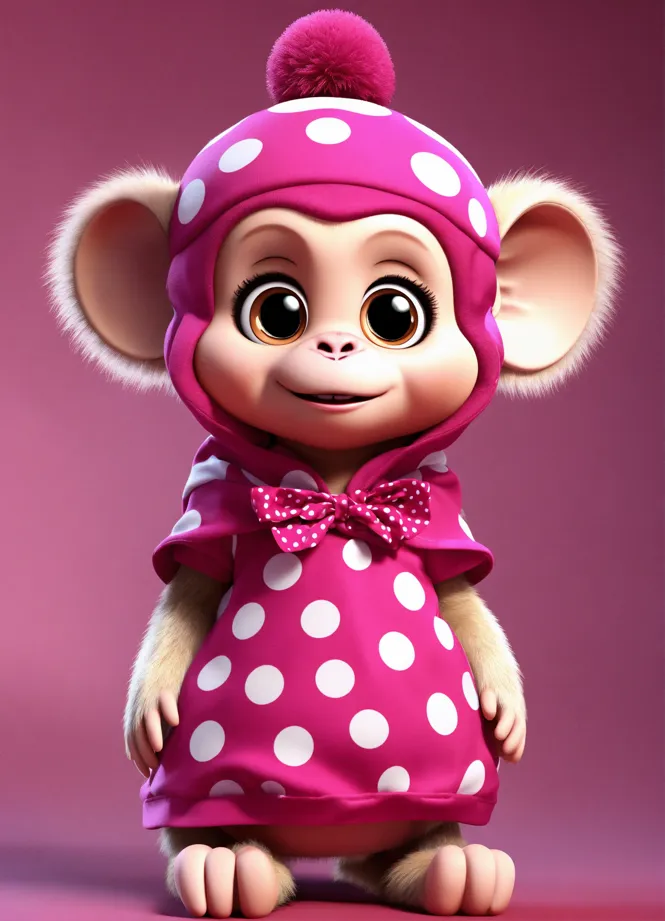 Lexica - A cute happy 3D model baby monkey character wearing polka dots  magenta dress, big eyes, charming, attractive, adorable, luxurious, fluffy,  h...