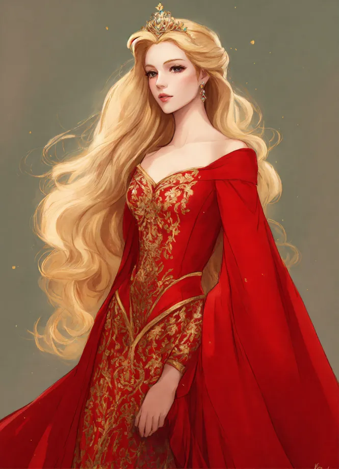 Lexica - a drawing of a princess with long blonde hair wearing a red  off-the-shoulder floor length gown