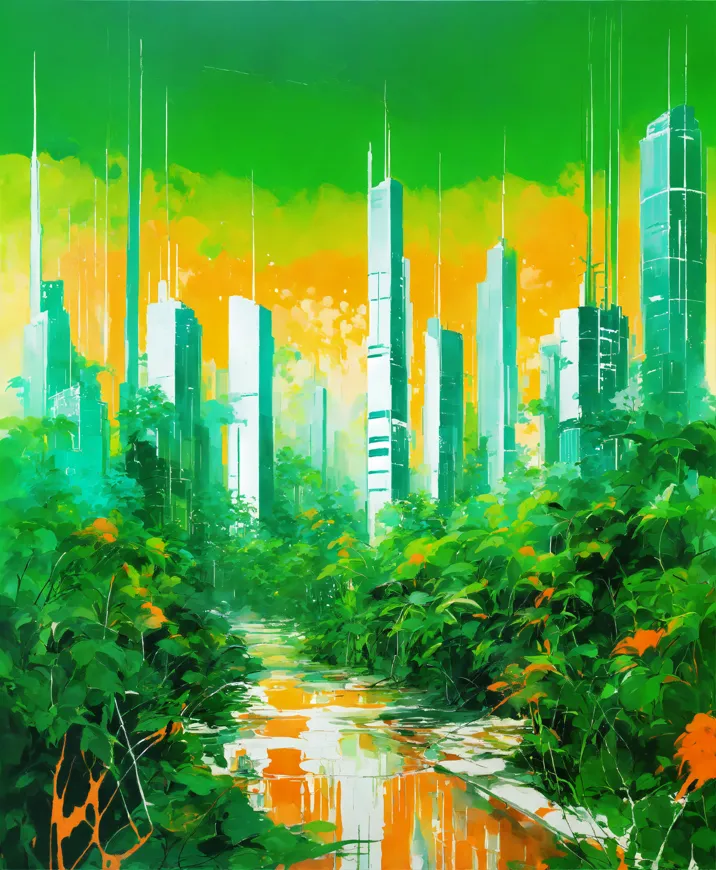 Solarpunk city with lush greenery and glowing sun