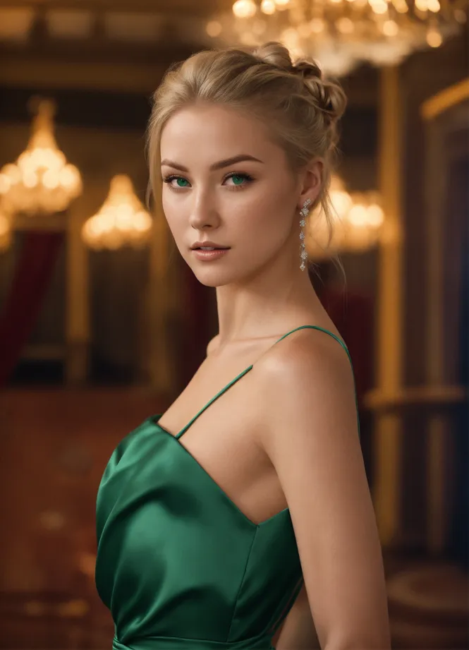 Lexica - thin blonde of medium height with short wavy hair wearing an  emerald green dress in a design