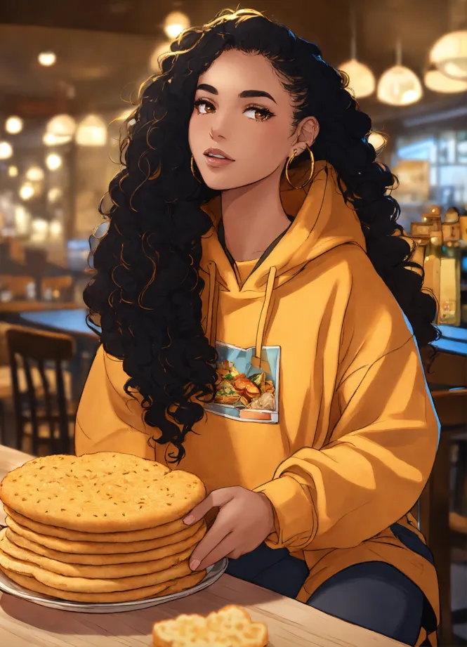 Lexica portrait of billie eilish wearing a yellow hoodie sitting in a diner at night