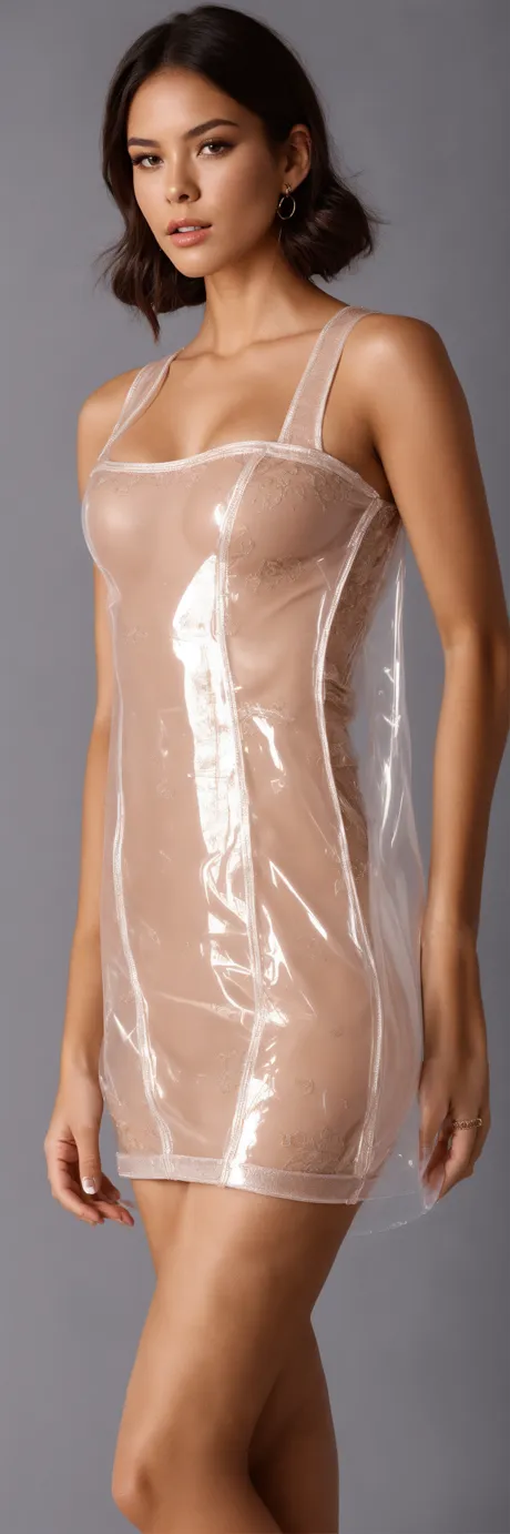 Clear Plastic Micro Mini Dress on Modern Runway, AI Art Generator