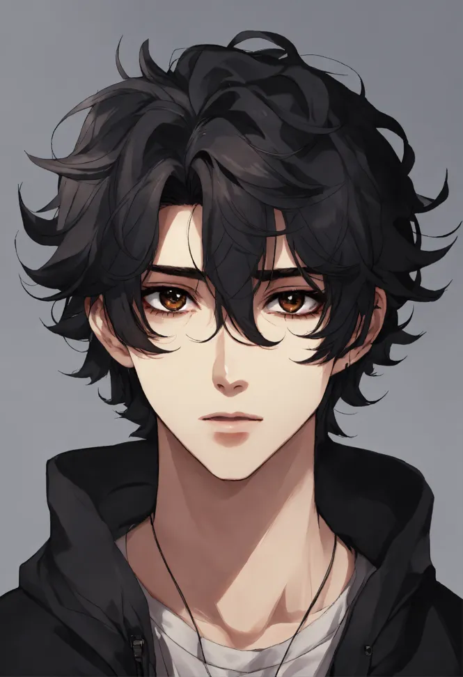 Anime styled, a fit boy with messy hair, brown eyes and black hair