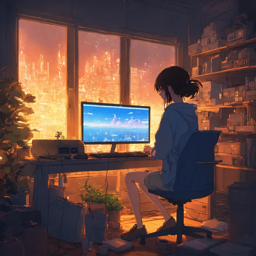 Lexica - create a high resolution artwork of anime girl is programming at a  computer in a room full of gadgets