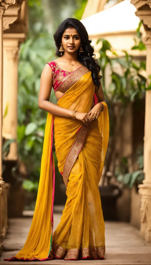 Lexica - wearing gold transparent embroidered silk saree