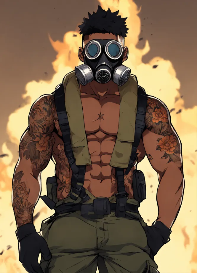 Man with dark medium hair cyberpunk mercenary streetwear muscular soldier  fighter