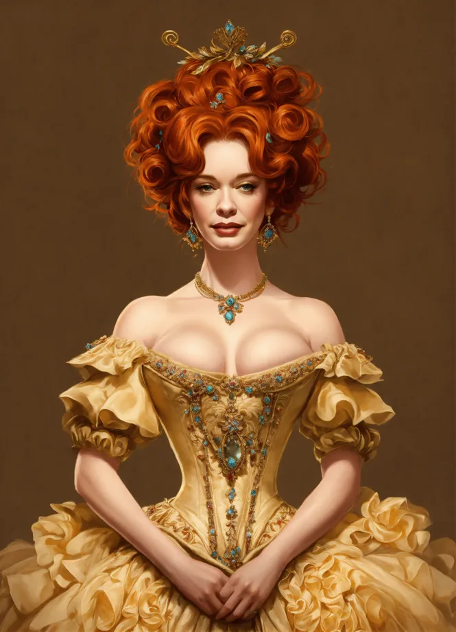 Lexica - a beautiful woman with giant chest in a beautiful dress with red  flaming hair in a golden dress chest is a little bit open