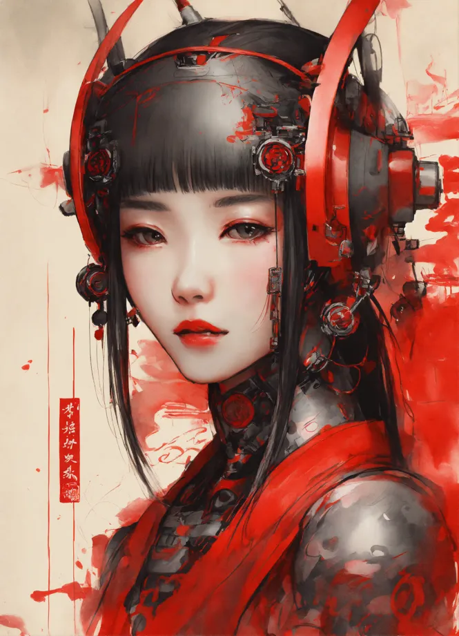 Lexica - Digital cyberpunk anime character concept art, gorgeous anime girl  symmetrical face, small female android cyborg - angel, glowing red left e