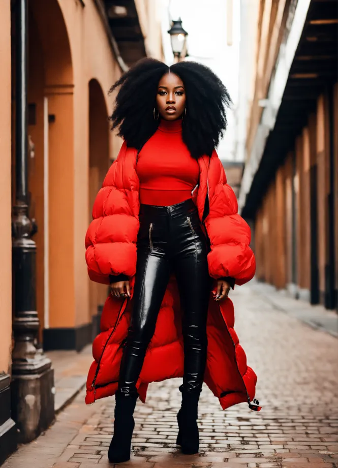 Red puffer 2024 coat outfit