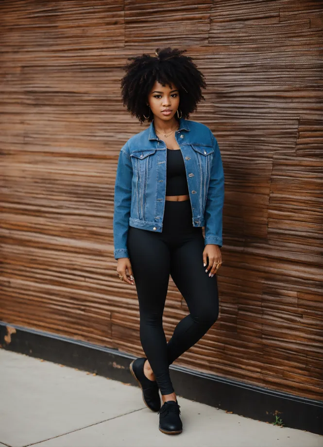 Lexica wearing black leggings jean jacket