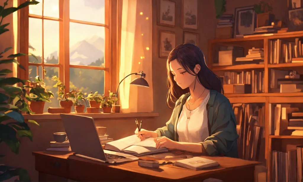 Lexica - the young and beautiful anime girl is sitting in her room studying  at her desk