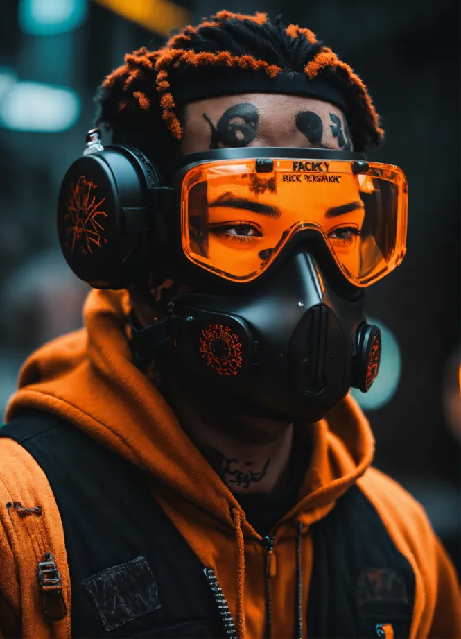 Immagini Stock - Uomo Cyberpunk Che Indossa Una Maschera Antigas Con  Occhiali Protettivi E Filtri Ai. Image 203214706