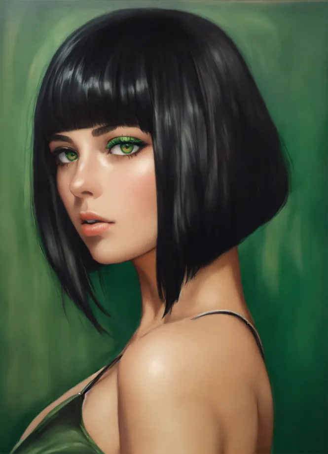 Anime a girl in a black turtleneck and dark brown hair bangs with green eyes