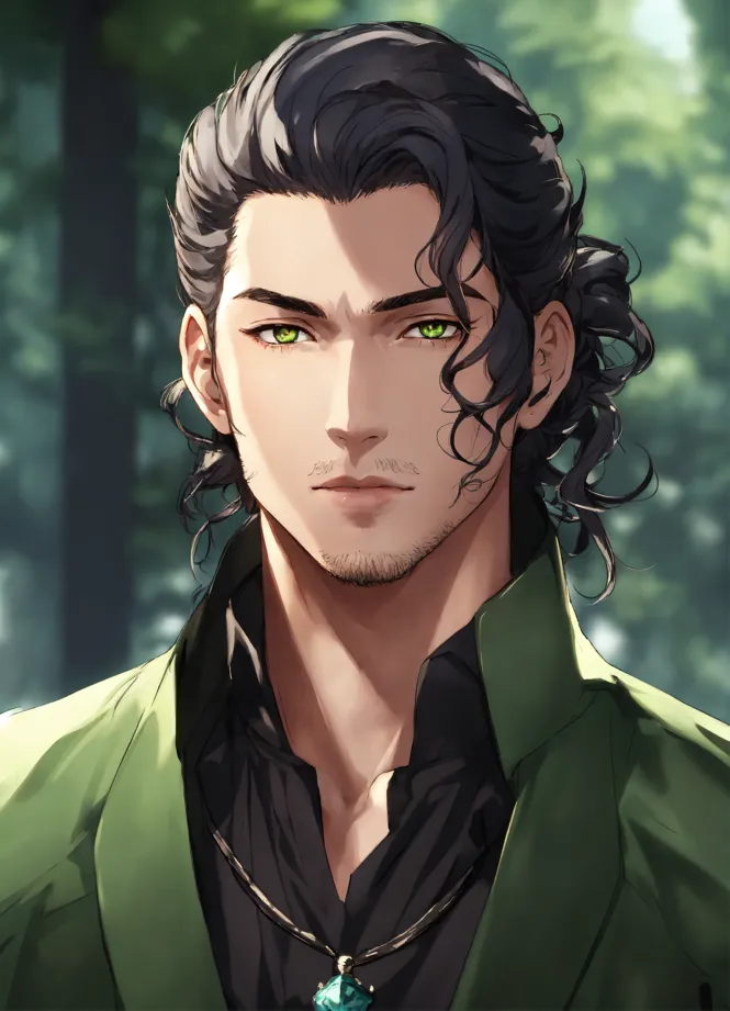 Anime-style male character with emerald green eyes and black hair