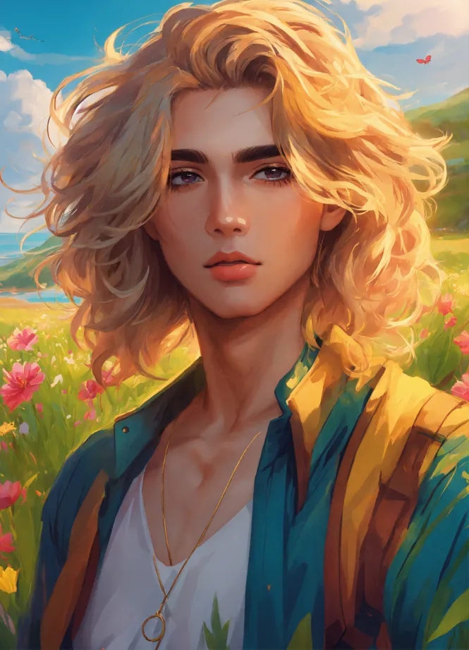 Blonde wavy hair, blue eyes, anime guy