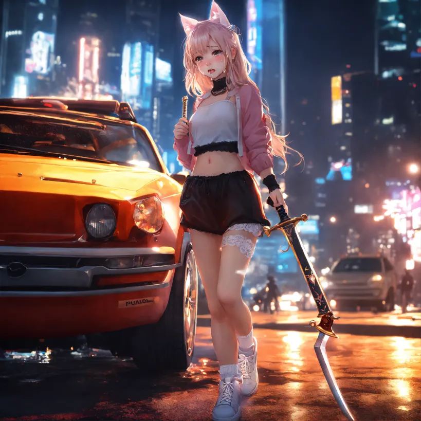 Lexica - a cute anime cyber ninja cat girl in a retro future