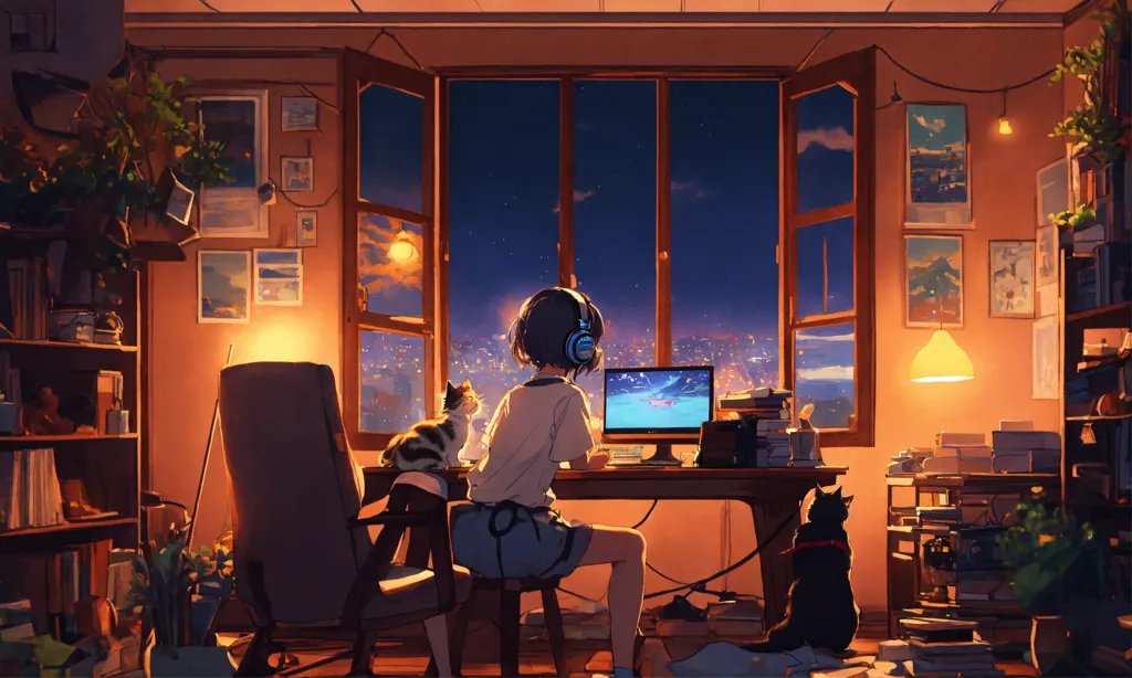 Lexica - create a high resolution artwork of anime girl is programming at a  computer in a room full of gadgets