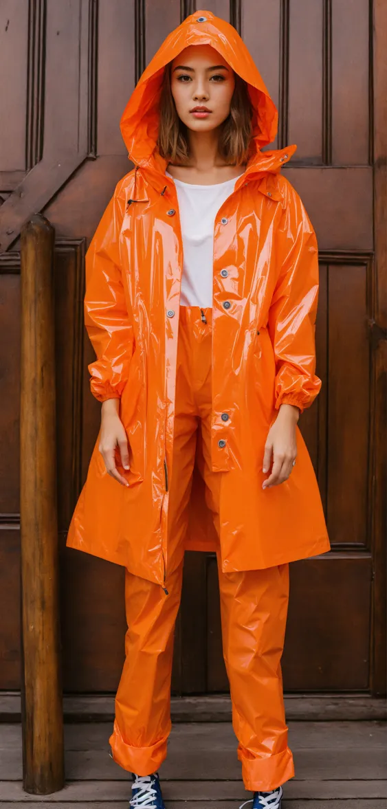 Long orange raincoat deals